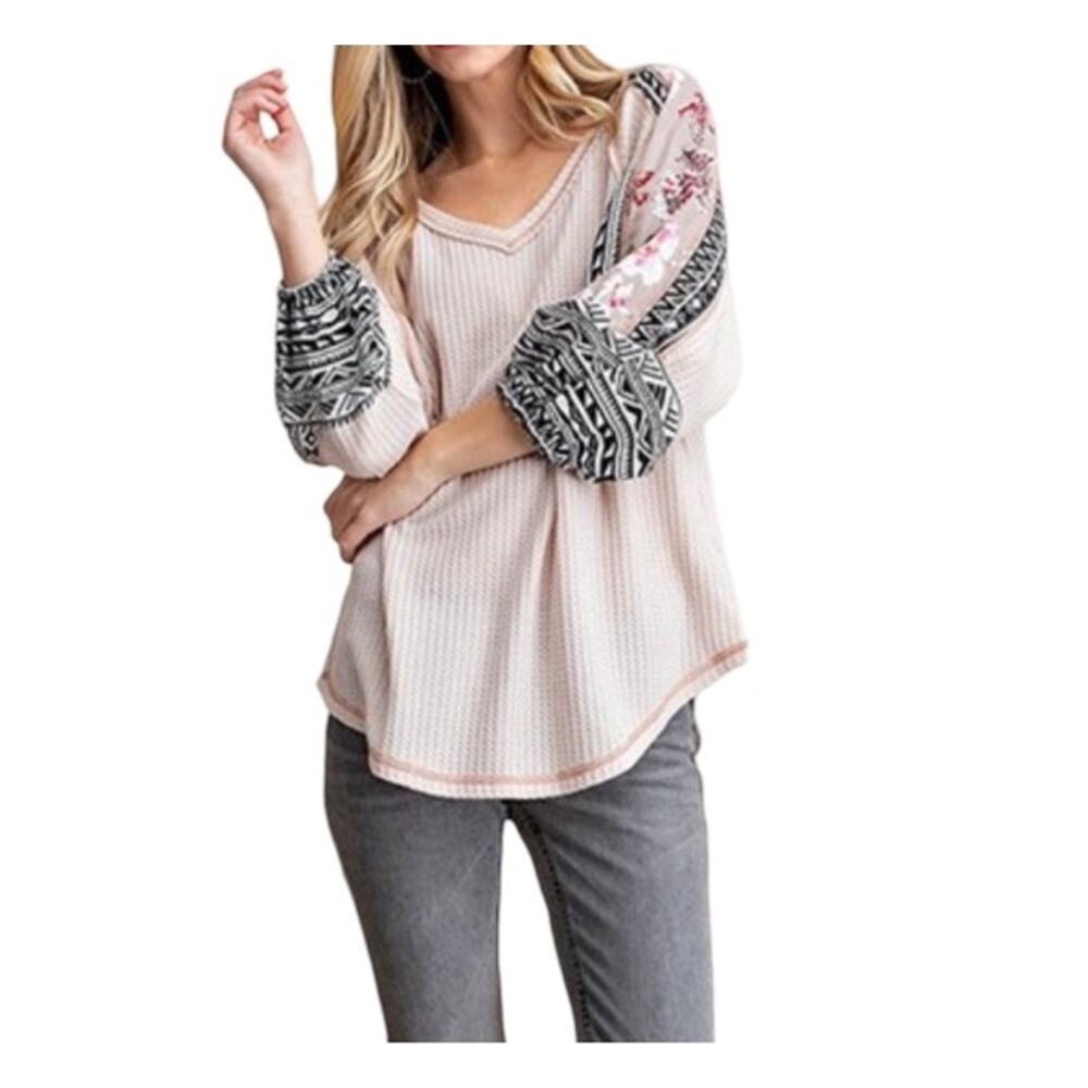 Kori Waffle Knit V‎ Neck 3/4 Sleeve Boho Top Floral Romantic M (2545)